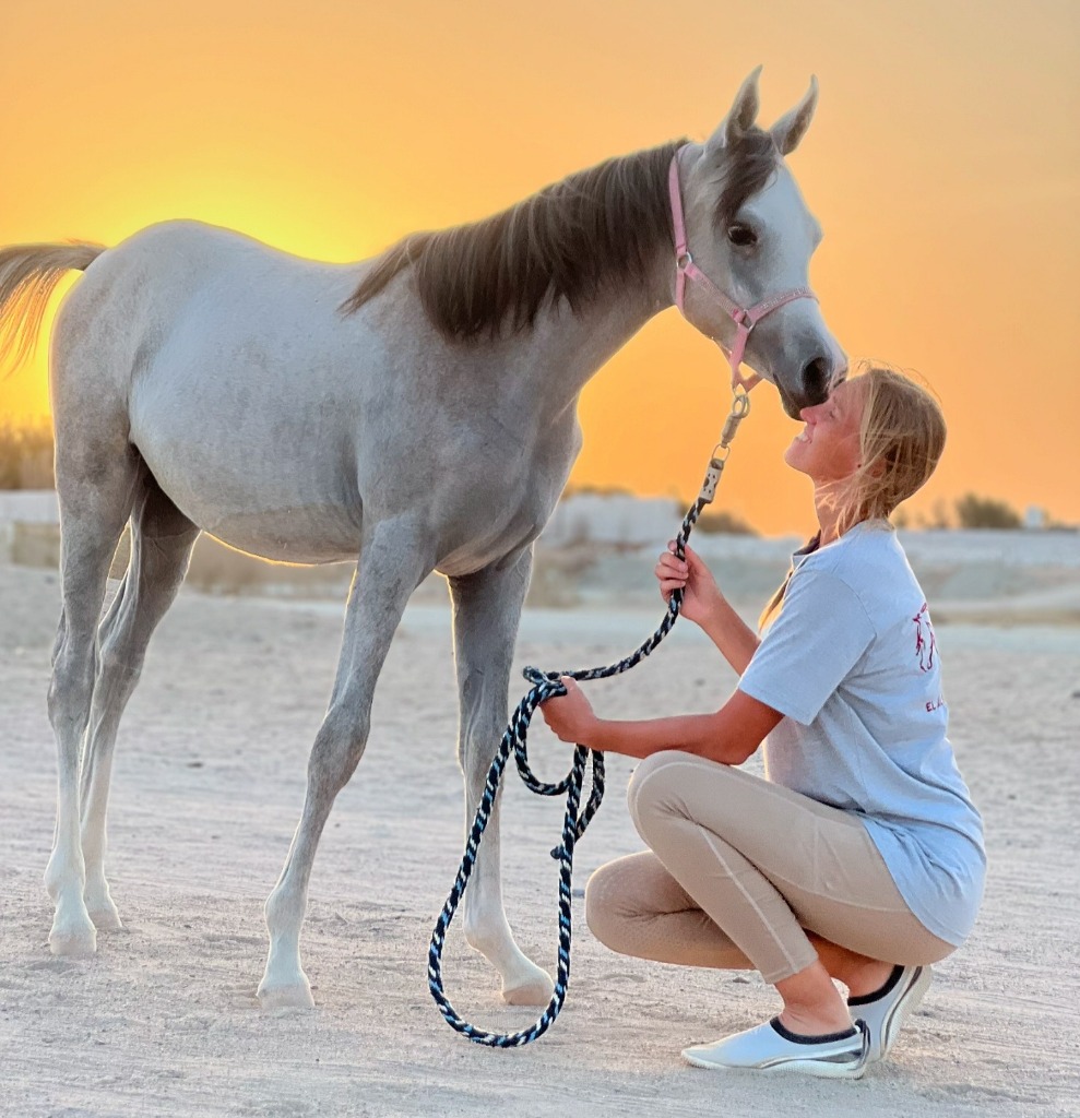 Gina with horse at golden sunset
