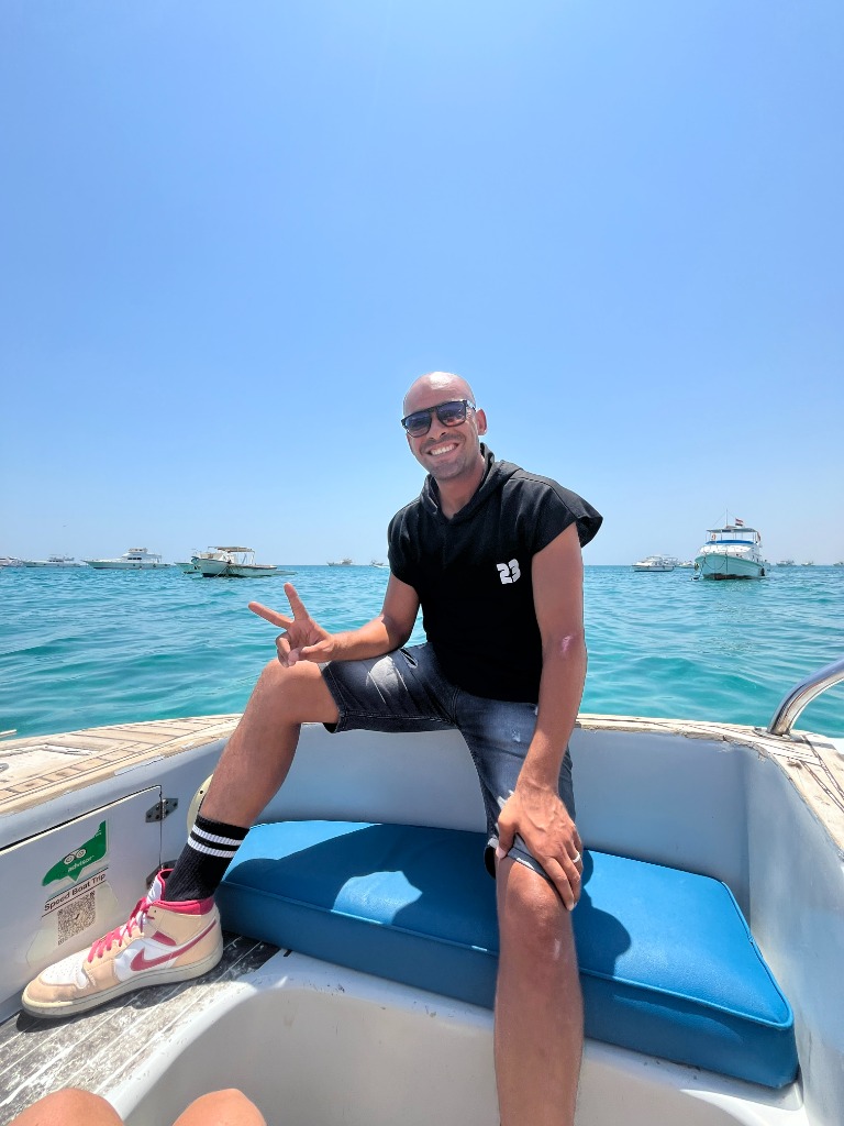 Sam on speedboat, Red Sea
